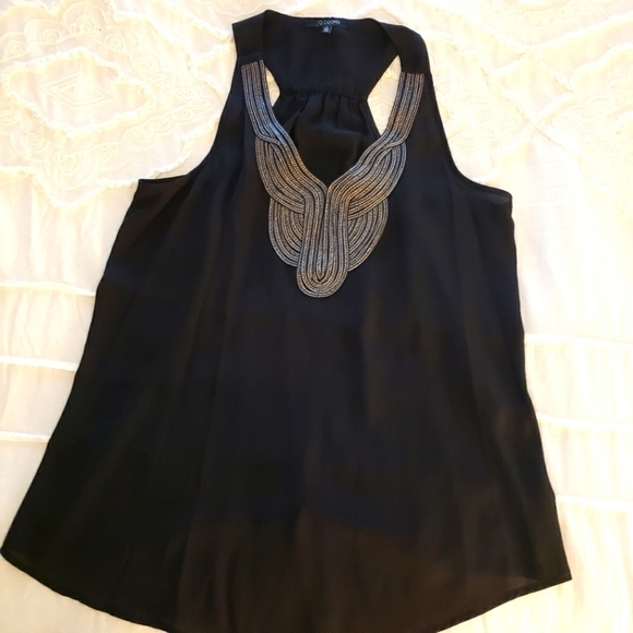 19 Cooper Tops - 19 Cooper ladies L black silver embroidered bib dressy tank top blouse